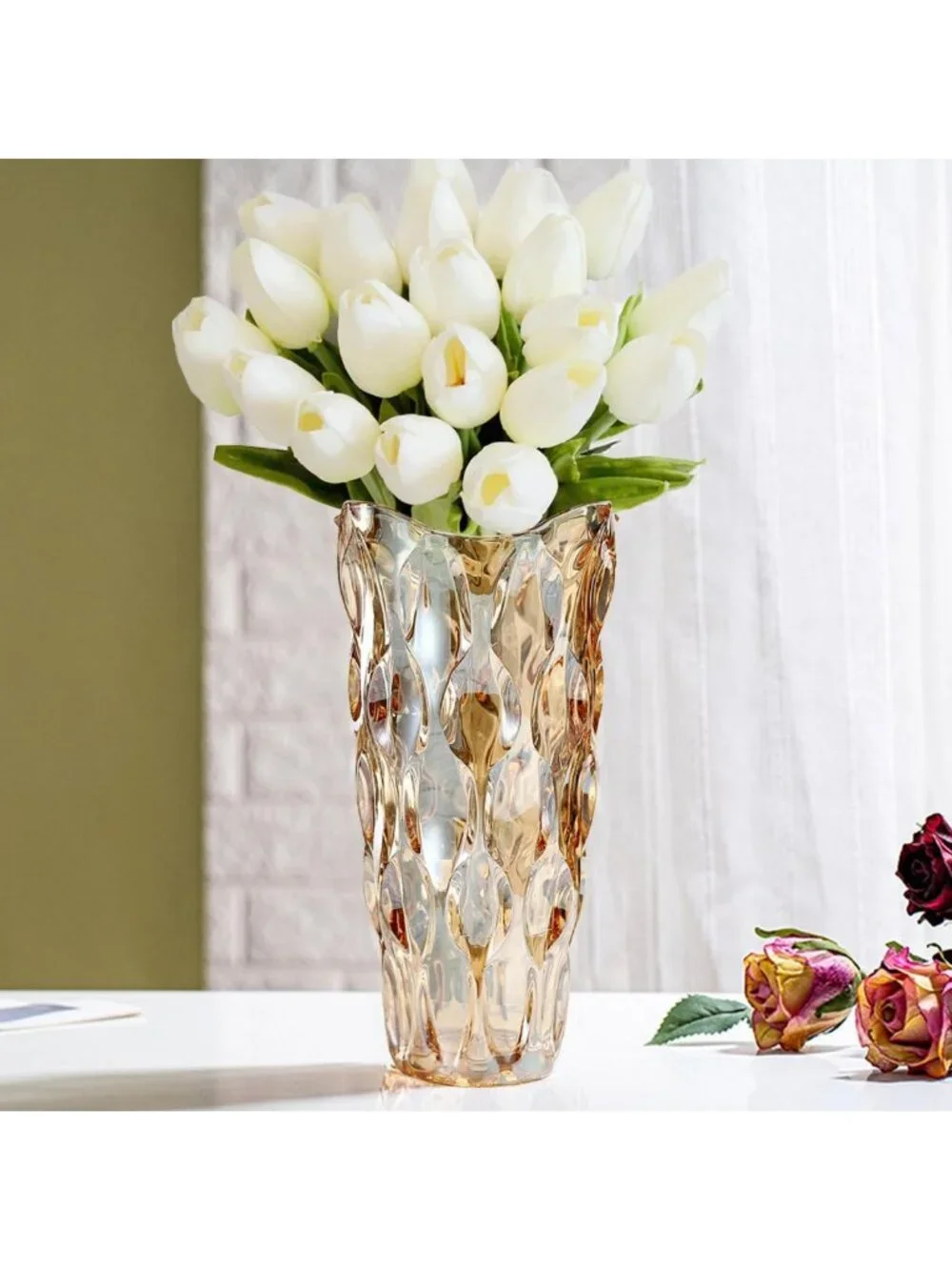 Elegant Amber Glass Vase for Centerpieces - 9.4in Tall, Unbreakable, Ideal for